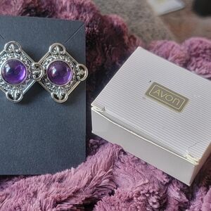 Avon Silver Tone and Purple Cabochon Pierced Earrings